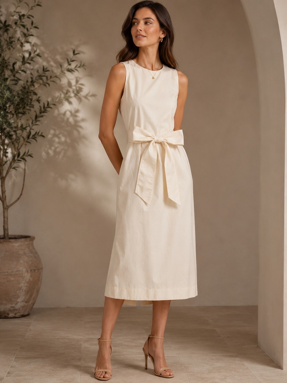 COS Cream Midi Dress with Waist Tie